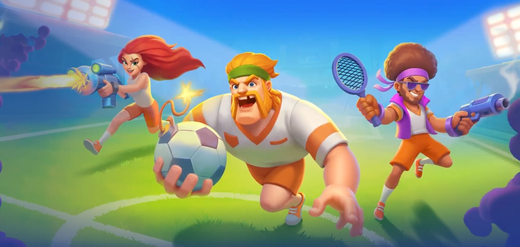 Χαρακτήρες του Pistolo Sports με εξοπλισμό ποδοσφαίρου και τένις για αθλητικό στοίχημα